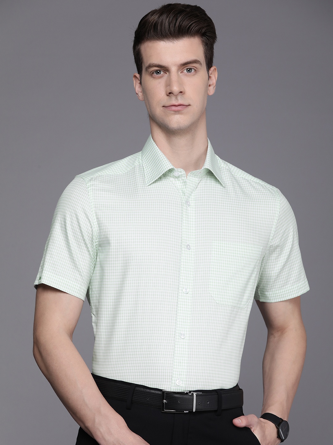 

Louis Philippe Classic Fit Micro Checked Pure Cotton Formal Shirt, Green