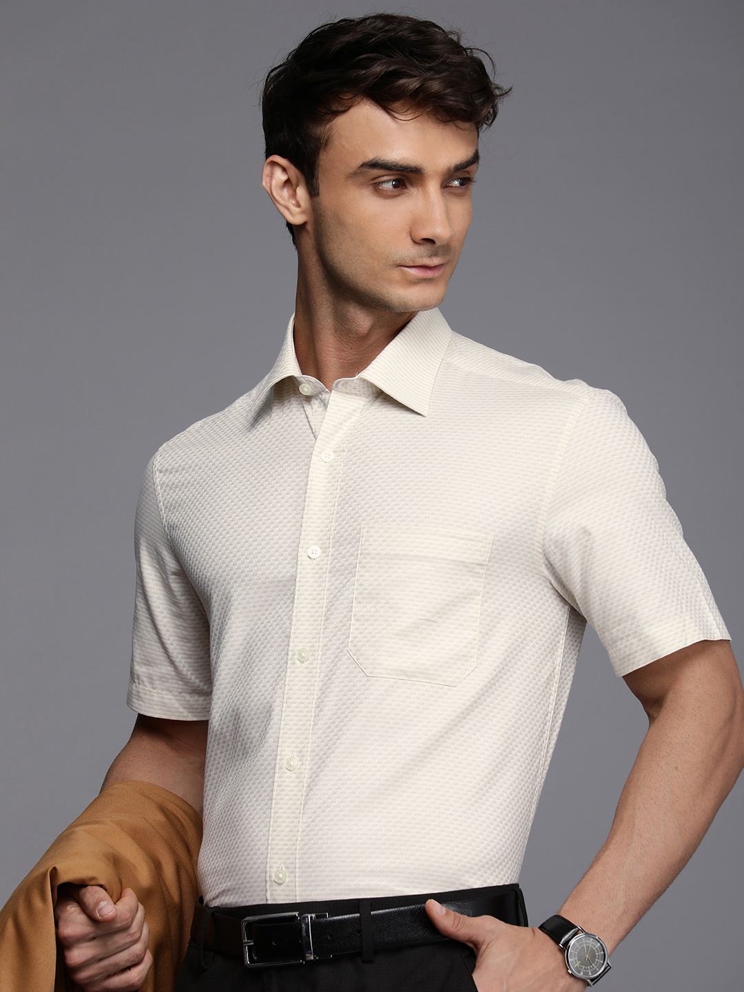 

Louis Philippe Opaque Striped Pure Cotton Formal Shirt, Khaki