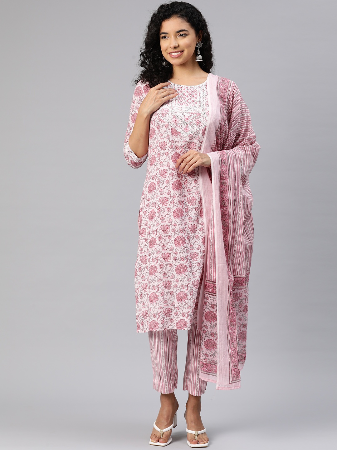 

Readiprint Floral Printed Thread Work Pure Cotton Kurta with Trousers & Dupatta, Pink