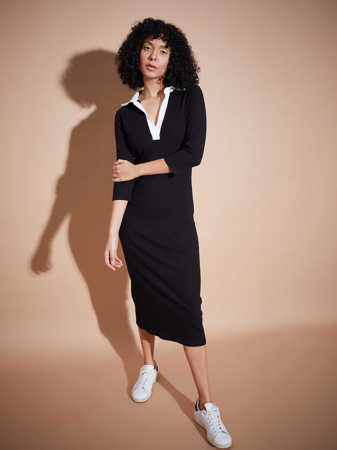 

SASSAFRAS BASICS Self Design Shirt Collar Cotton Bodycon Midi Dress, Black