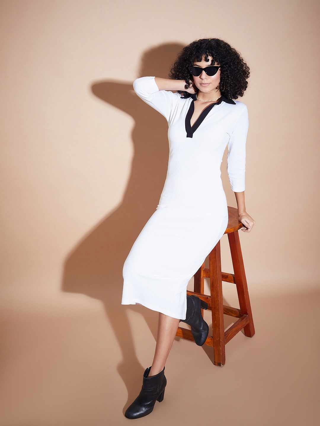 

SASSAFRAS BASICS Self Design Shirt Collar Cotton Bodycon Midi Dress, White