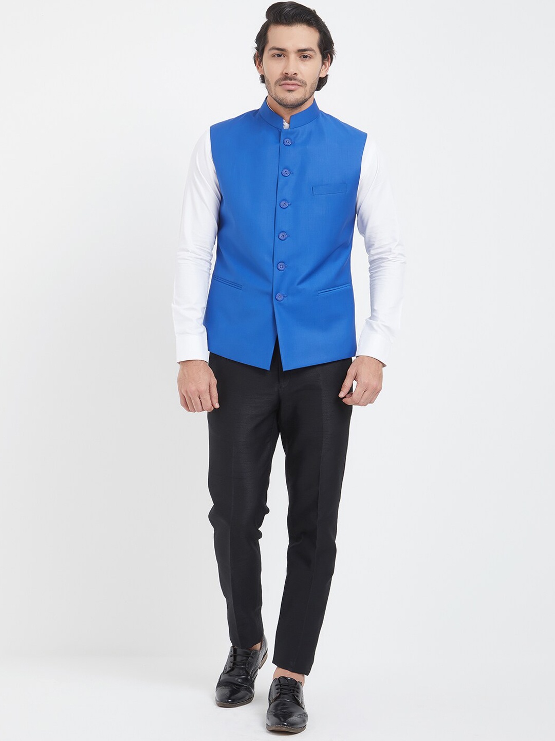 

Indian Poshakh Mandarin Collar Sleeveless Nehru Jacket, Blue