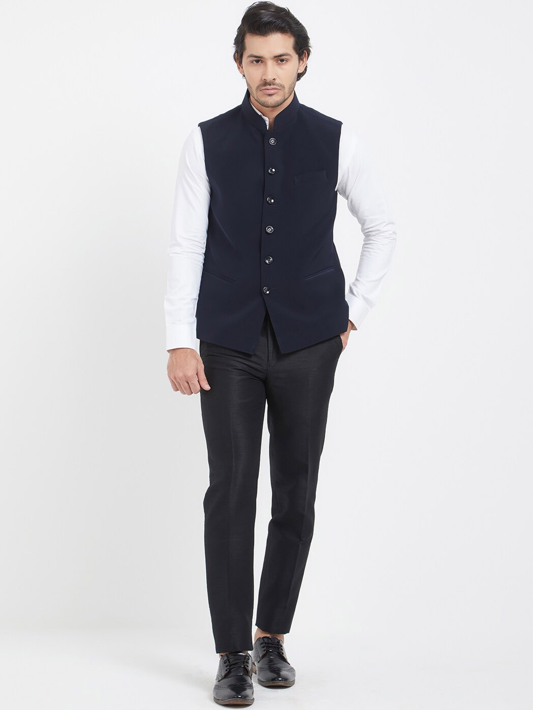 

Indian Poshakh Mandarin Collar Sleeveless Nehru Jacket, Navy blue