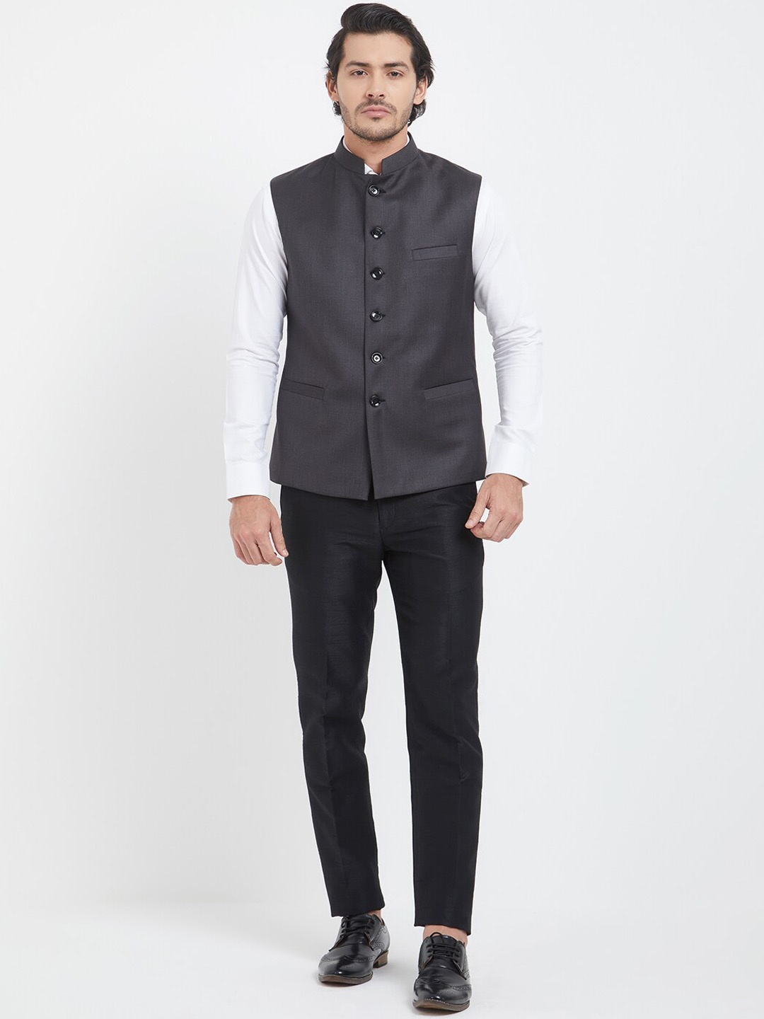 

Indian Poshakh Mandarin Collar Sleeveless Nehru Jacket, Grey