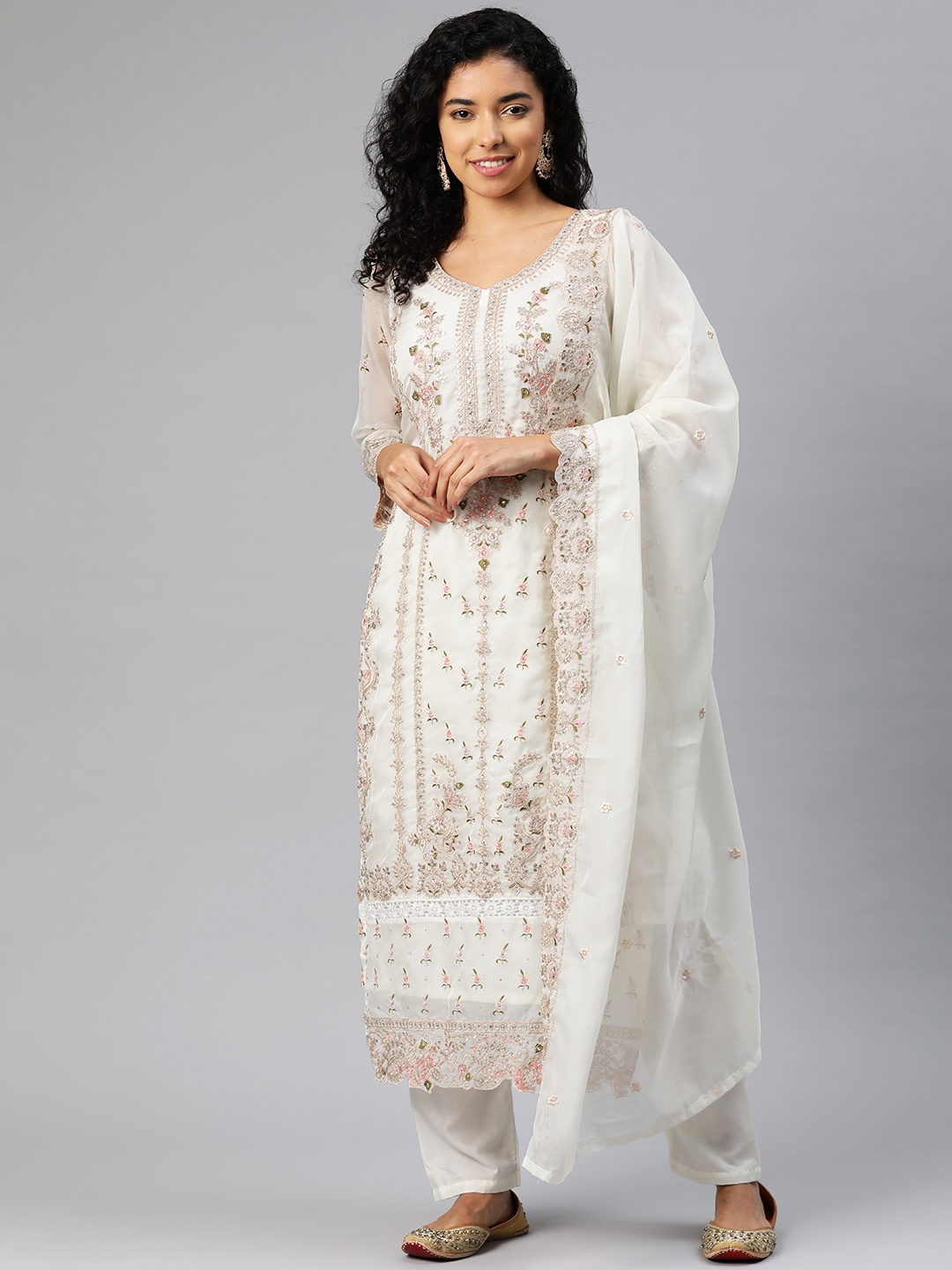 

Readiprint Fashions Embroidered Organza Semi-Stitched Dress Material, Off white
