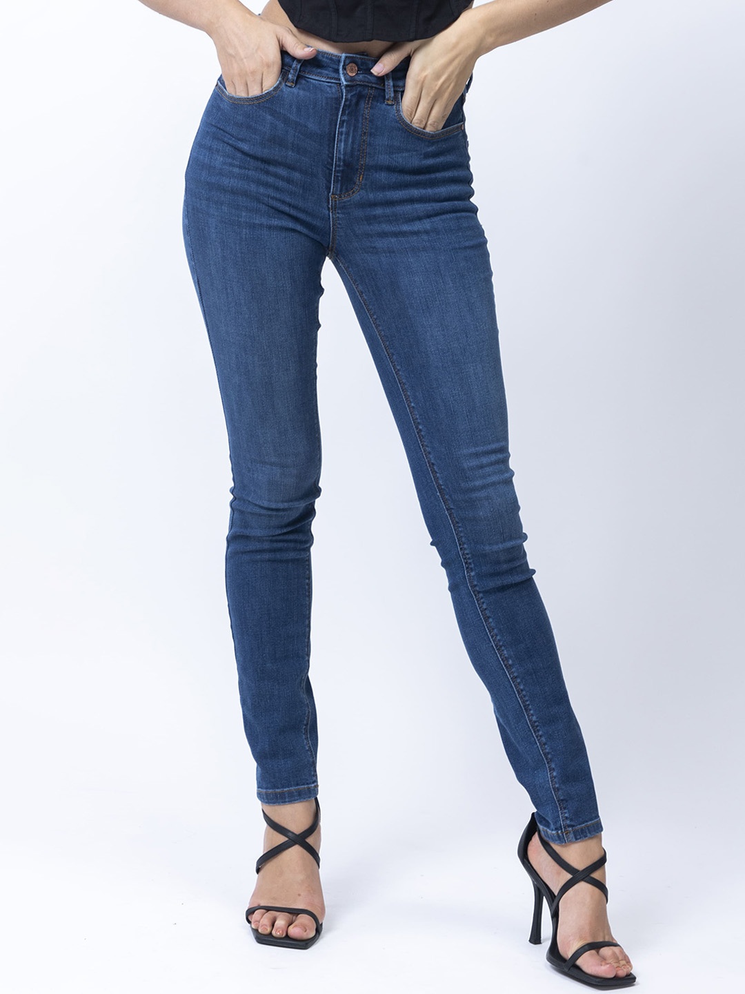 

GUESS Women Skinny Fit High-Rise Cotton Jeans, Blue