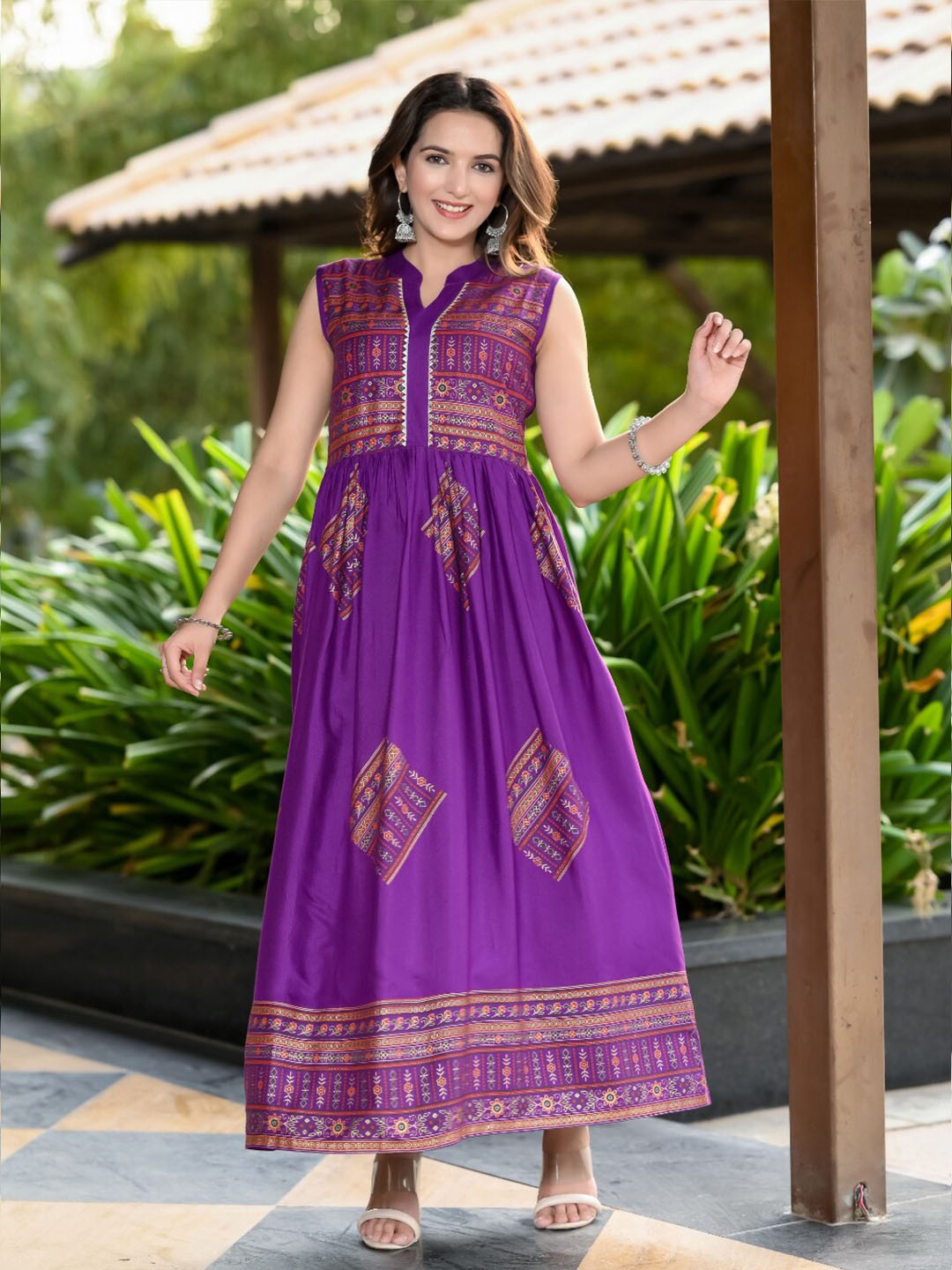 

DAEVISH Ethnic Motifs Printed Mandarin Collar Gathered Fit & Flare Ethnic Dress, Purple