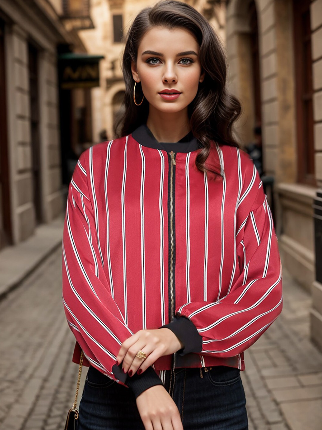 

Marie Claire Red Striped Bomber Jacket