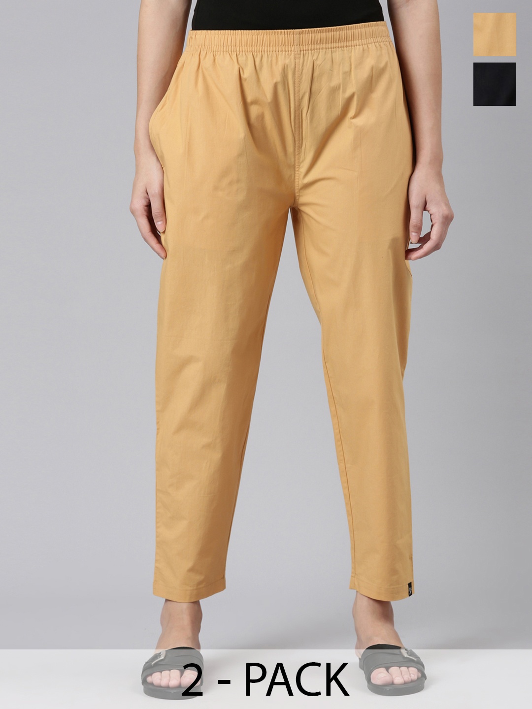 

TWIN BIRDS Women Pack of 2 Pure Cotton Trousers, Beige