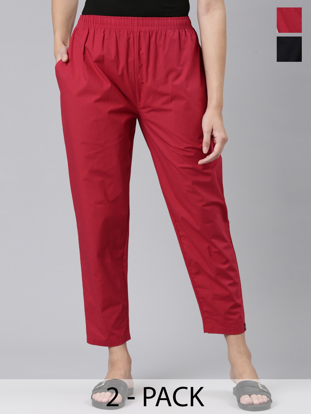 

TWIN BIRDS Women Pack Of 2 Mid-Rise Pure Cotton Regular Fit Trousers, Burgundy