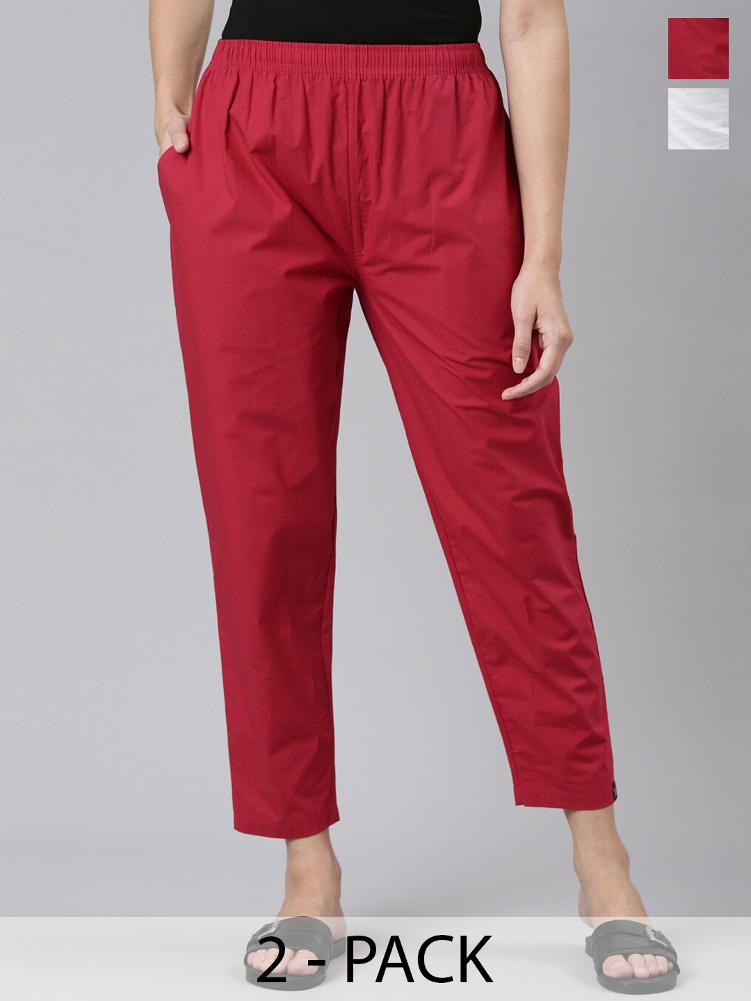

TWIN BIRDS Women Pack Of 2 Regular Fit Mid-Rise Plain Cotton Trousers, Red