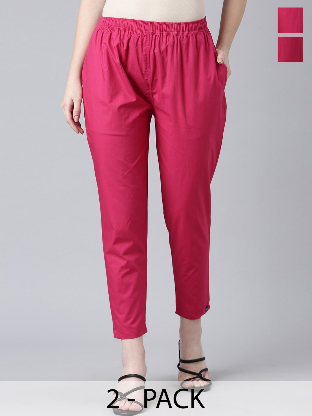 

TWIN BIRDS Women Pack Of 2 Mid-Rise Pure Cotton Cropped Cigarette Trousers, Pink