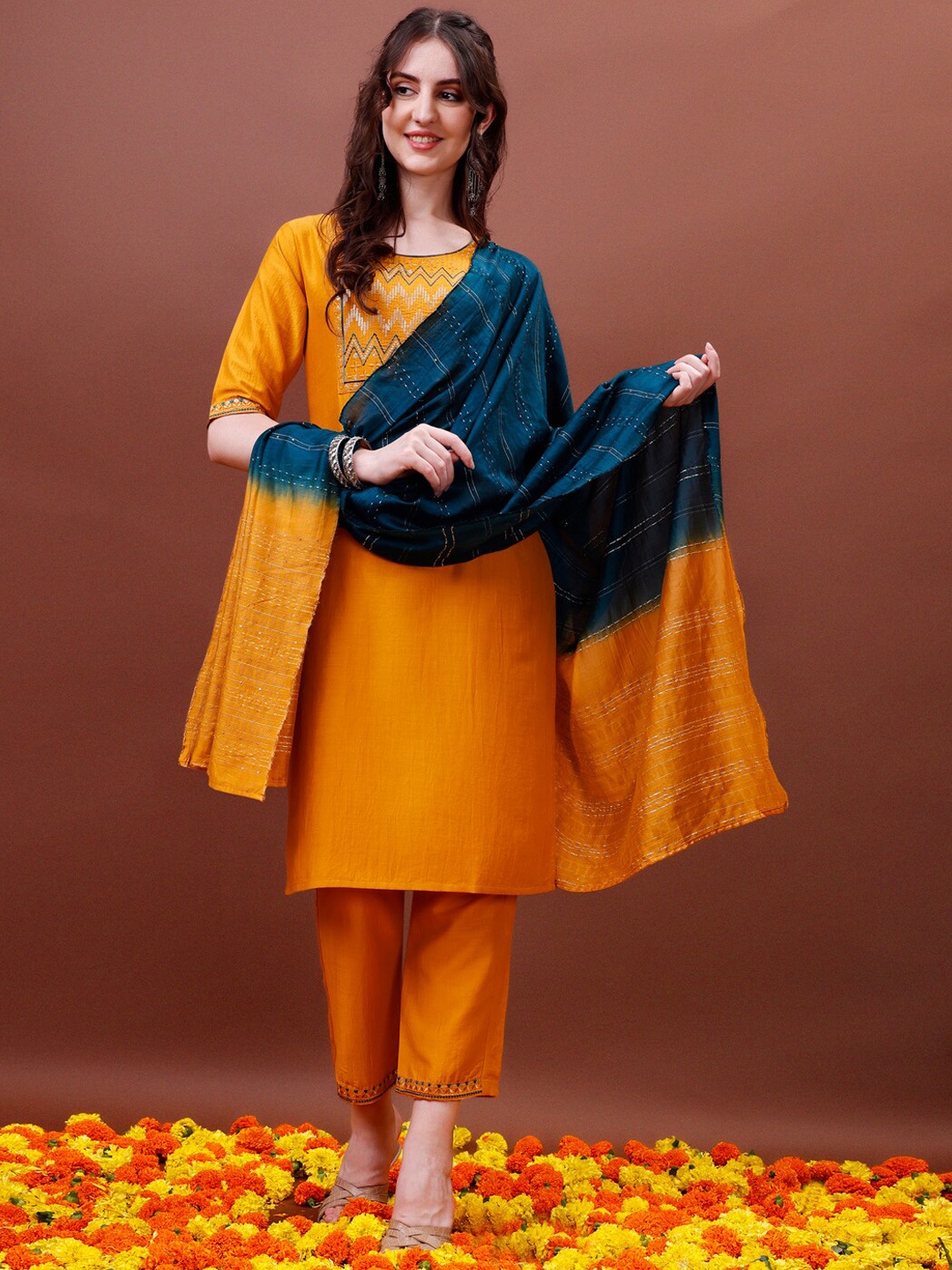 

KALINI Ethnic Motifs Yoke Design Sequinned Kurta With Trousers & Dupatta, Mustard