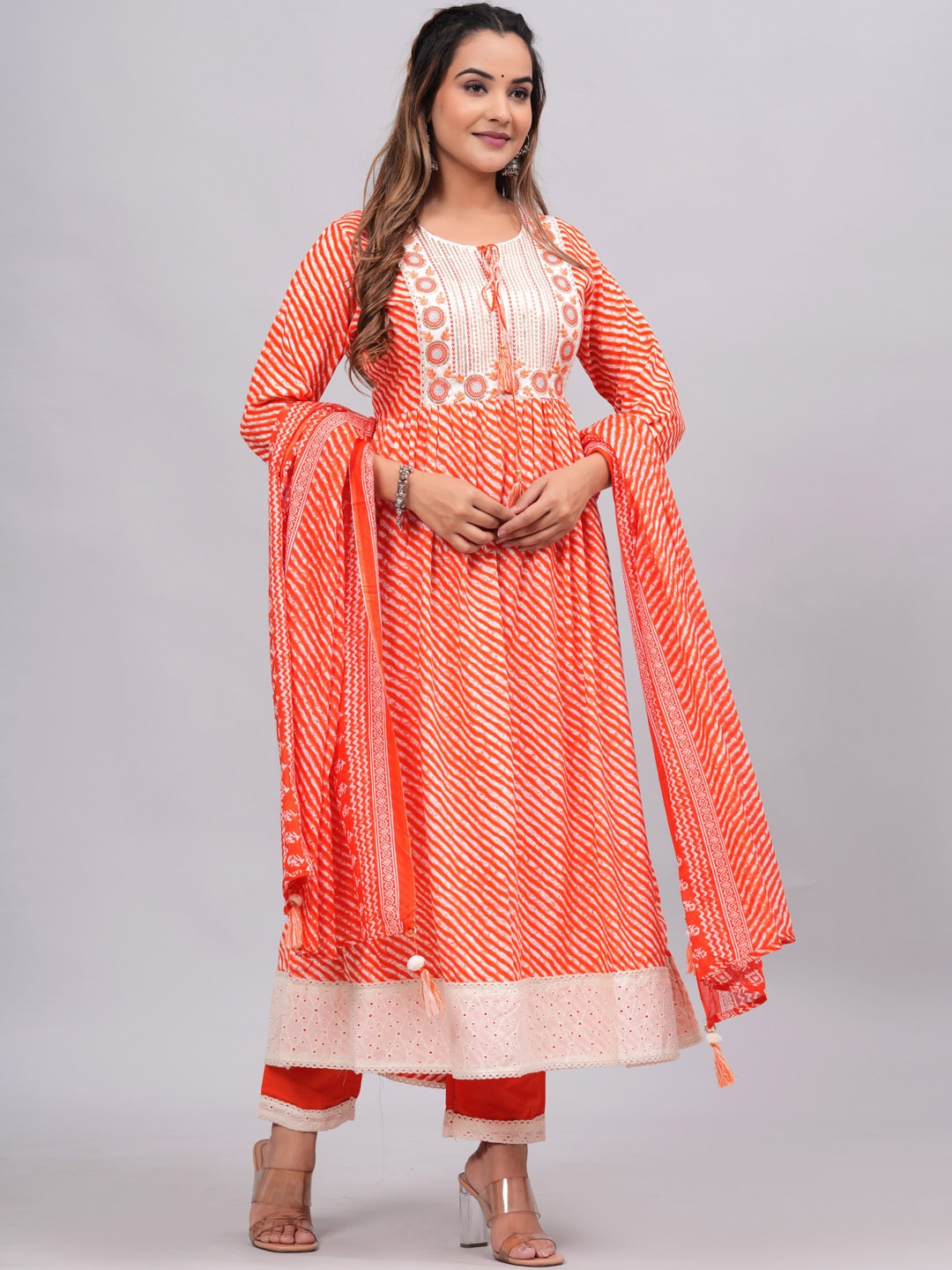 

KALINI Leheriya Embroidered Thread Work Kurta with Trousers & Dupatta, Orange