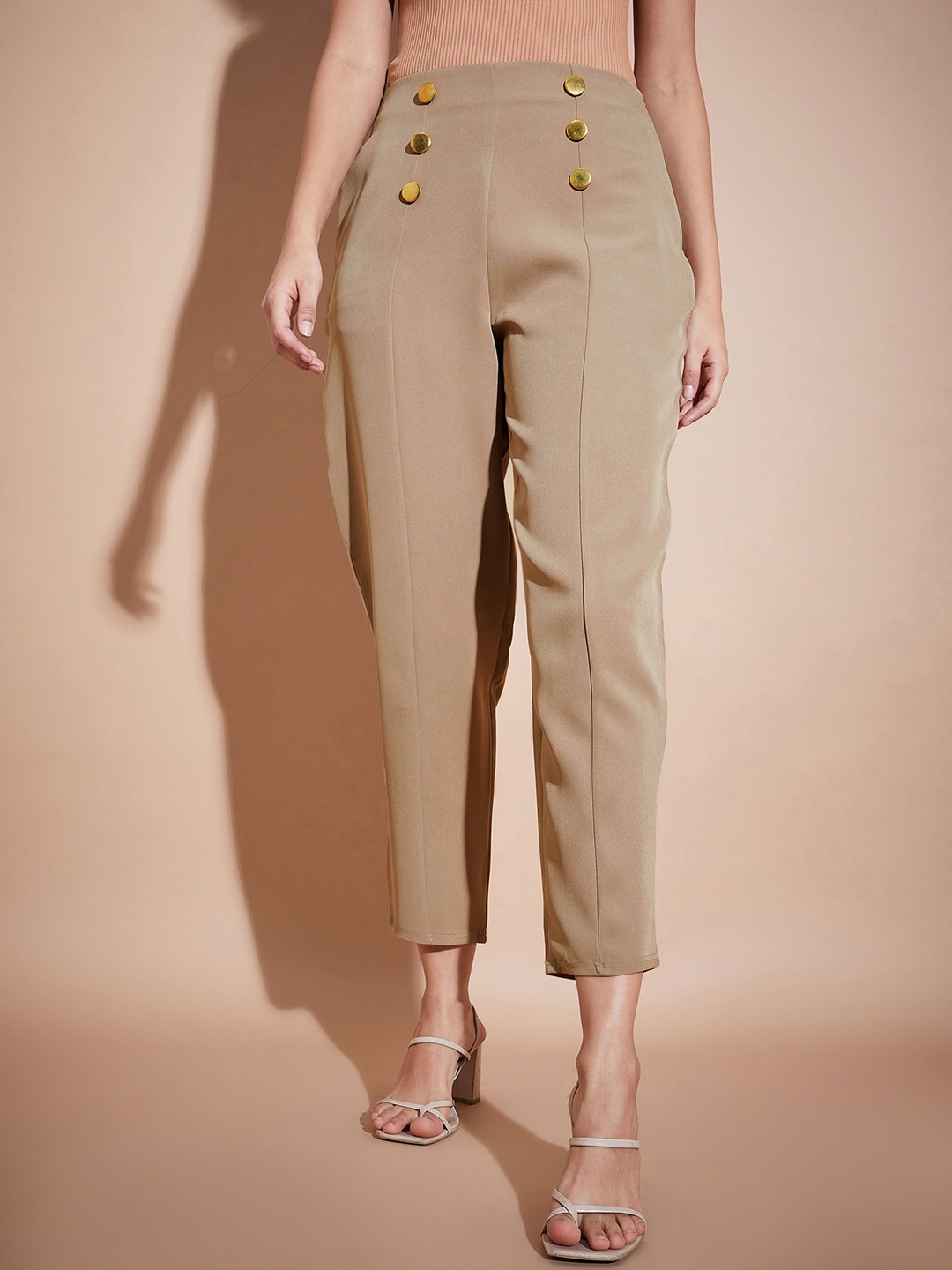 

SASSAFRAS BASICS Women Front Darted High-Rise Trousers, Beige