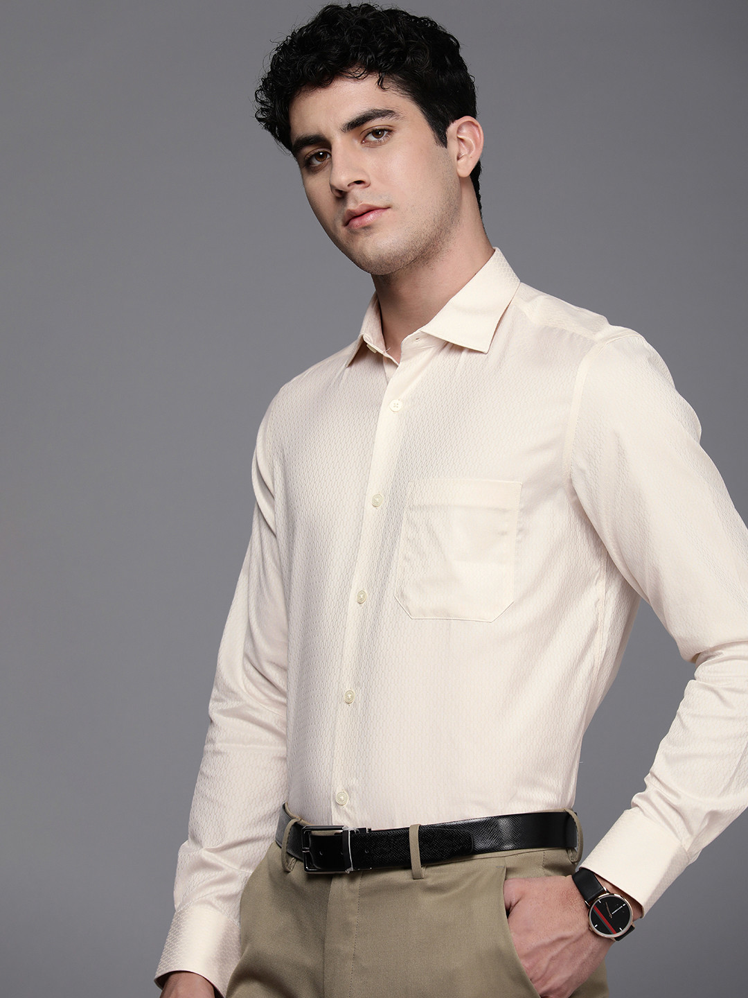 

Louis Philippe Pure Cotton Self Design Textured Classic Opaque Formal Shirt, Cream