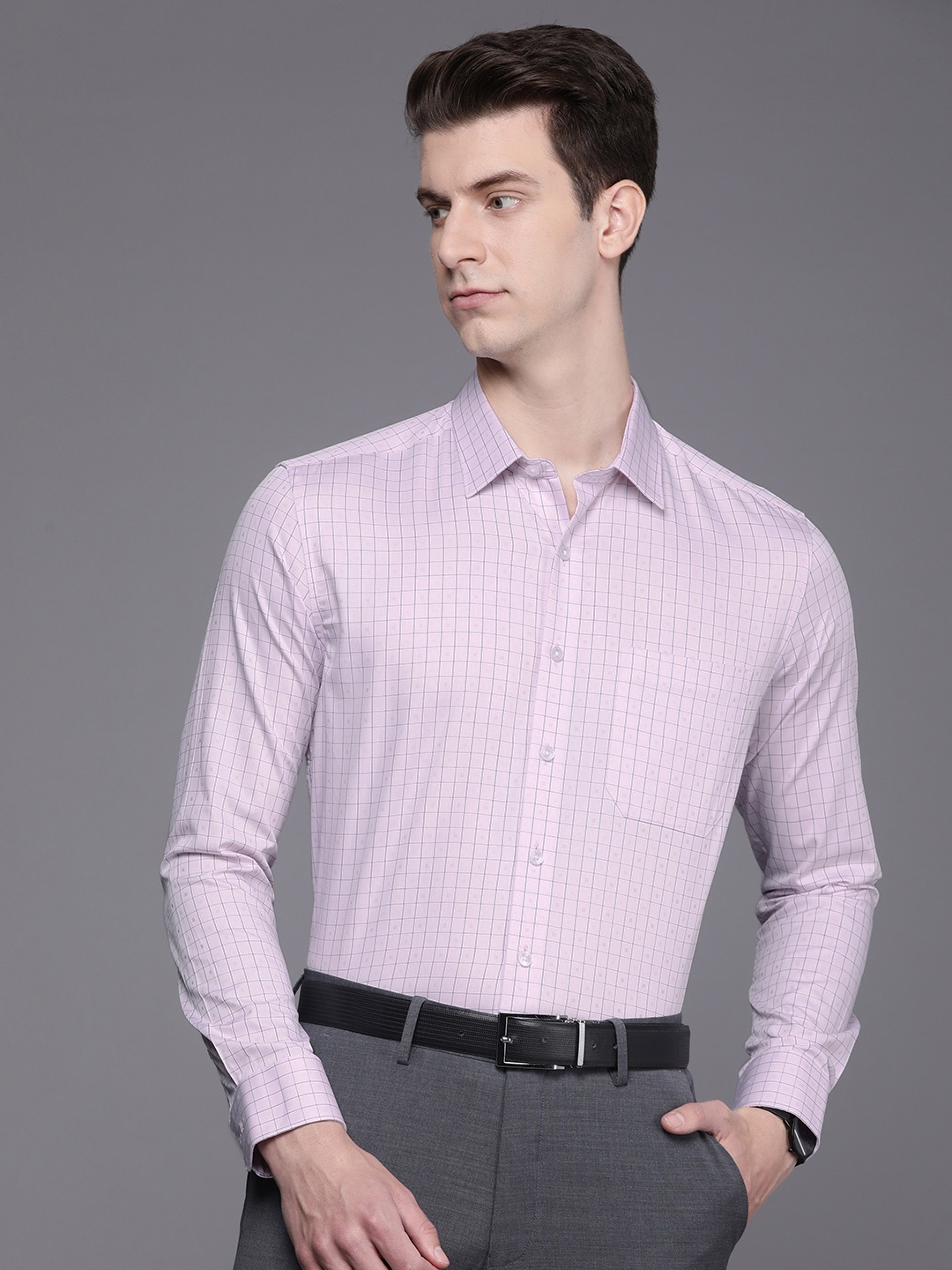 

Louis Philippe Men Pure Cotton Slim Fit Checked Formal Shirt, Pink