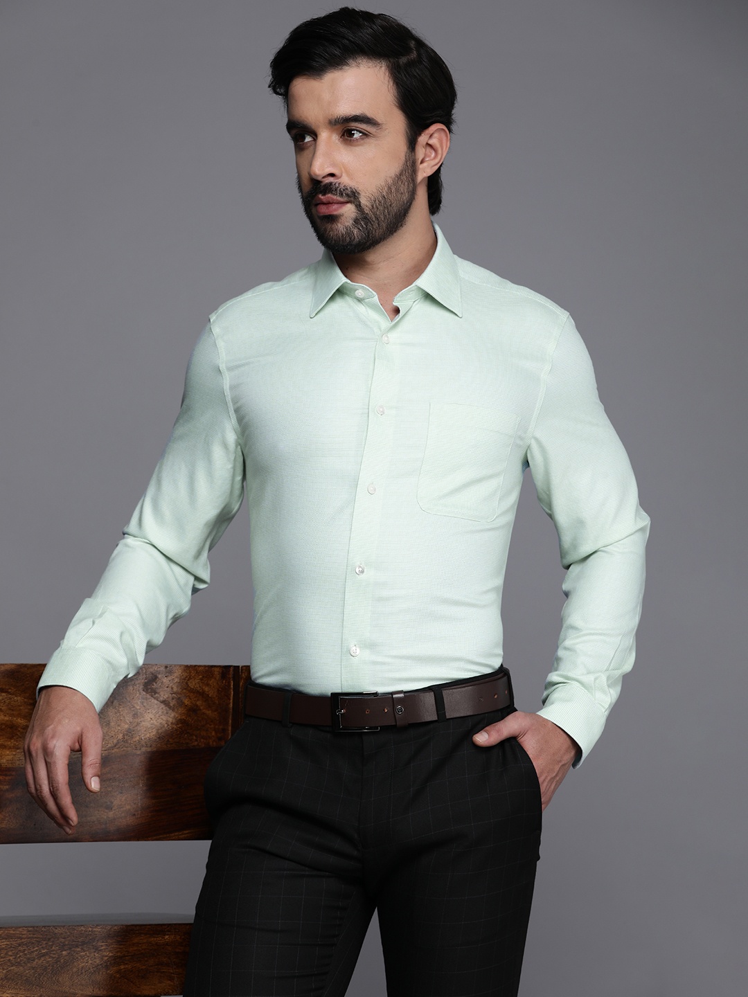 

Louis Philippe Pure Cotton Self Design Classic Fit Textured Formal Shirt, Turquoise blue