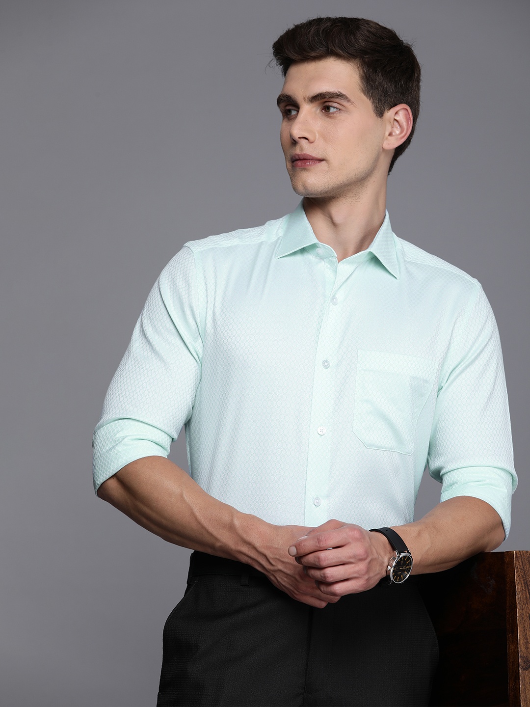 

Louis Philippe Pure Cotton Self Design Classic Fit Textured Formal Shirt, Blue