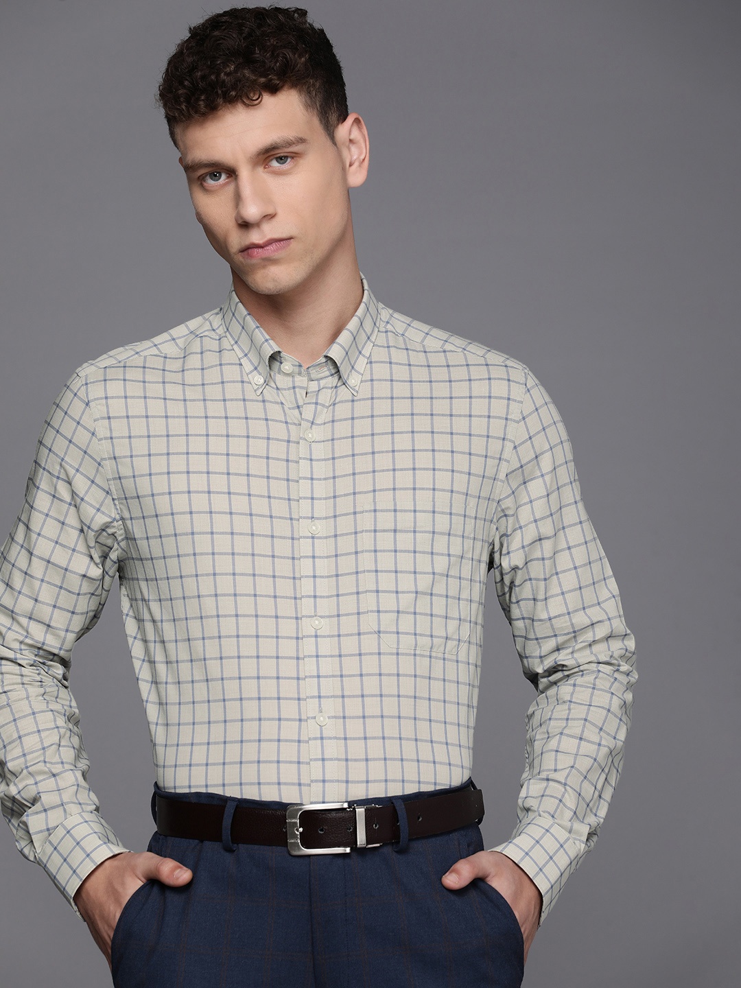

Louis Philippe Men Classic Grid Tattersall Checks Opaque Formal Shirt, Grey
