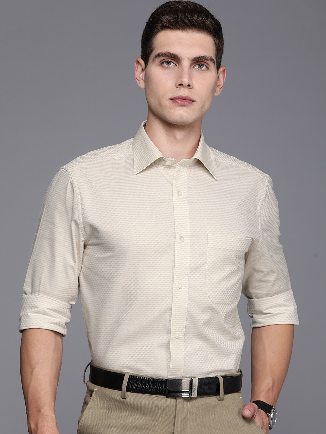 

Louis Philippe Pure Cotton Classic Horizontal Striped Formal Shirt, Beige