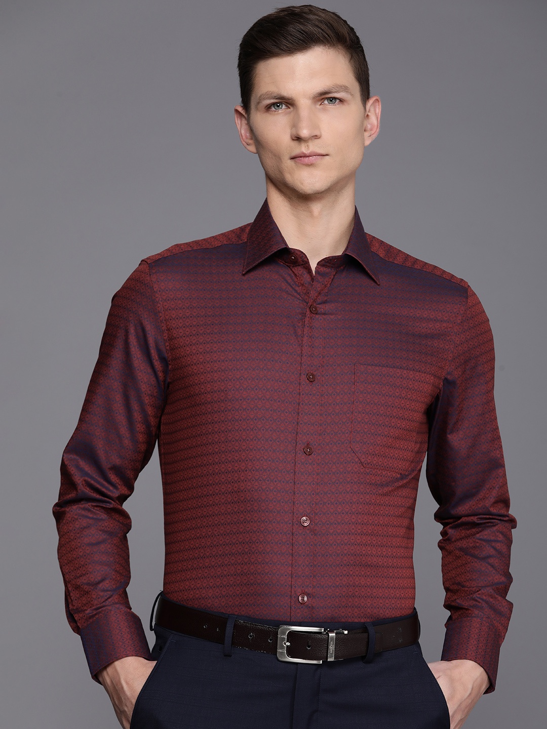 

Louis Philippe Pure Cotton Classic Fit Self Design Opaque Formal Shirt, Maroon