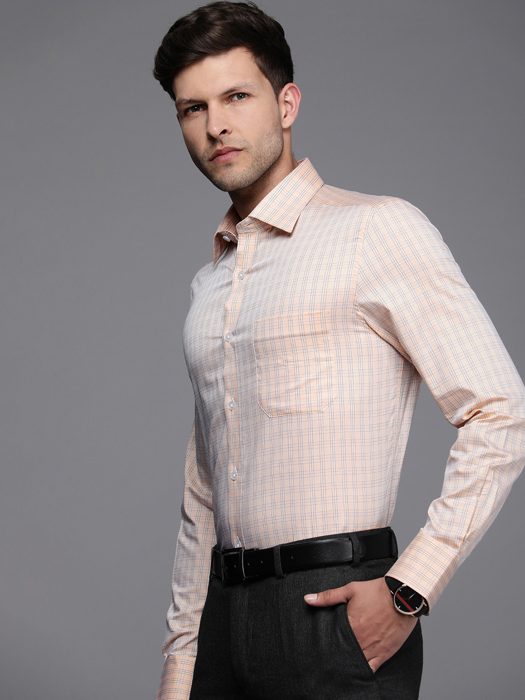 

Louis Philippe Men Pure Cotton Classic Tartan Checks Formal Shirt, Peach