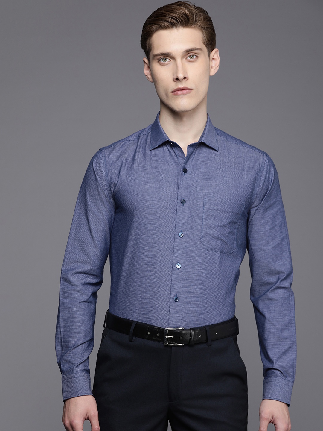 

Louis Philippe Self Design Slim Fit Pure Cotton Formal Shirt, Navy blue