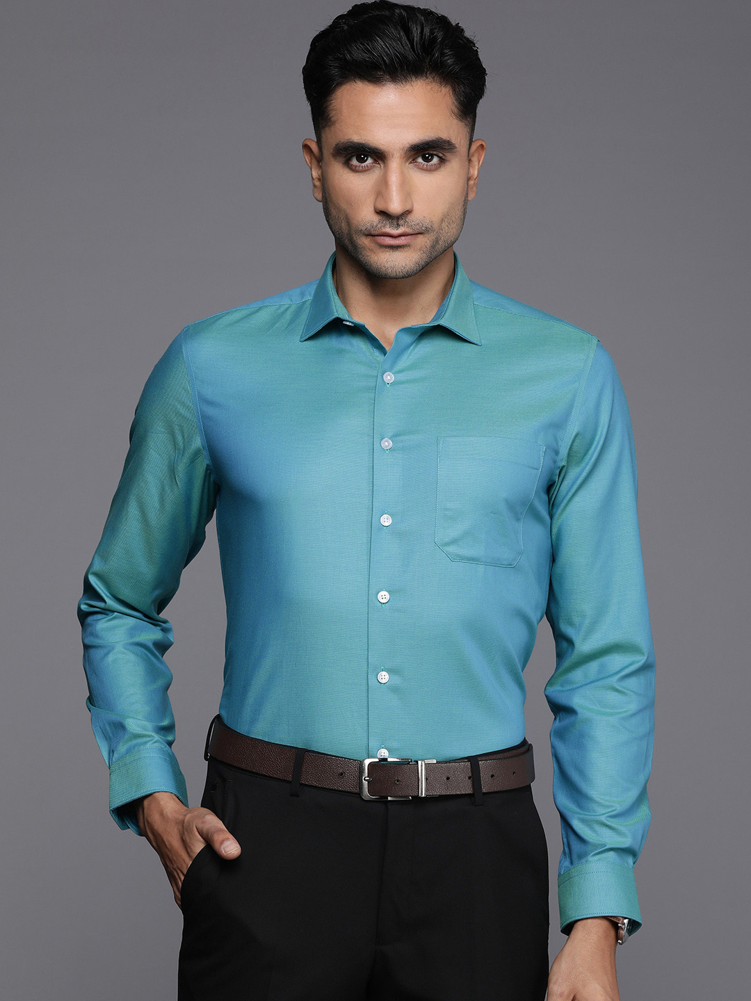 

Louis Philippe Self Design Slim Fit Pure Cotton Formal Shirt, Green