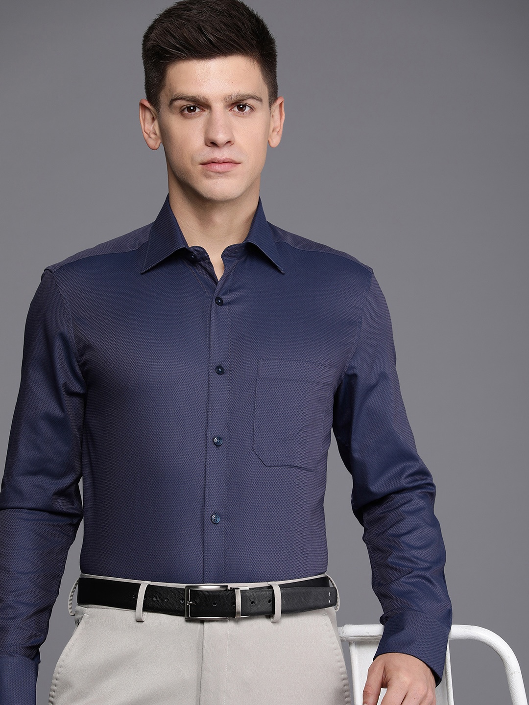 

Louis Philippe Self Design Classic Fit Pure Cotton Formal Shirt, Navy blue