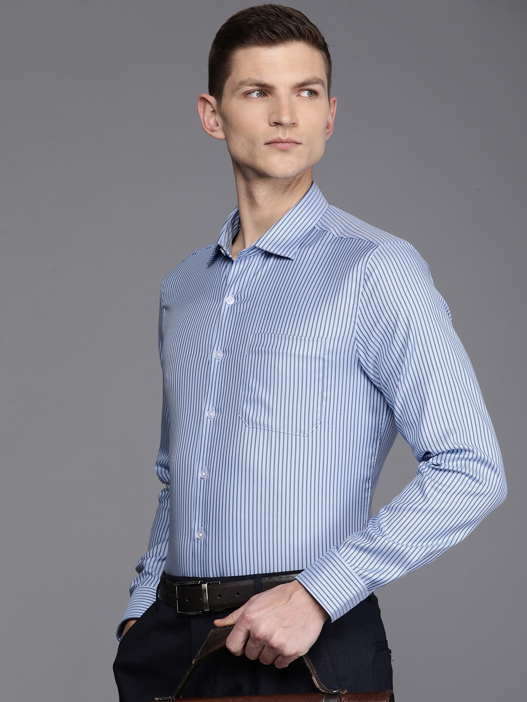 

Louis Philippe Pure Cotton Slim Fit Striped Formal Shirt, Blue