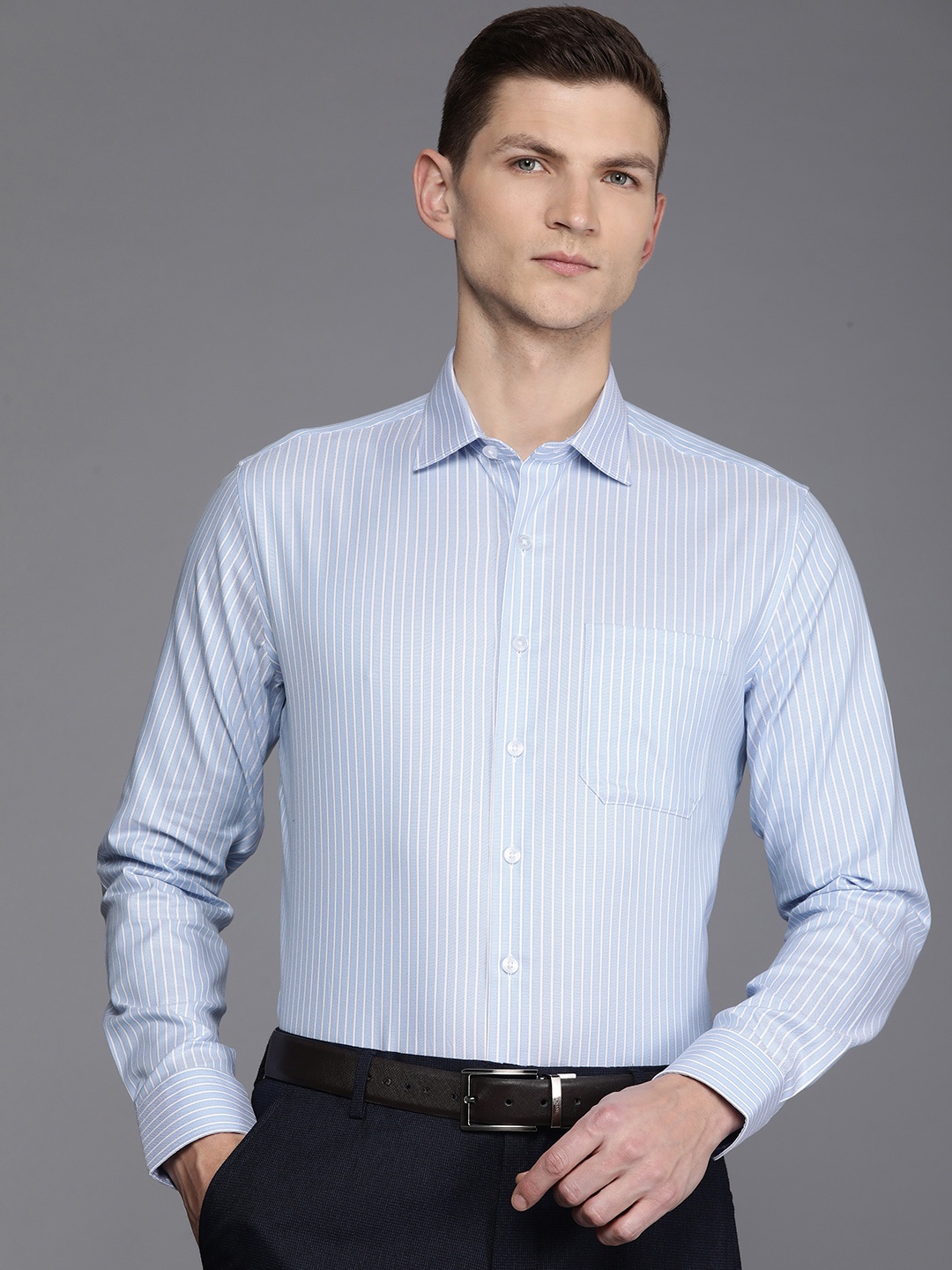 

Louis Philippe Men Slim Fit Opaque Striped Formal Shirt, Blue