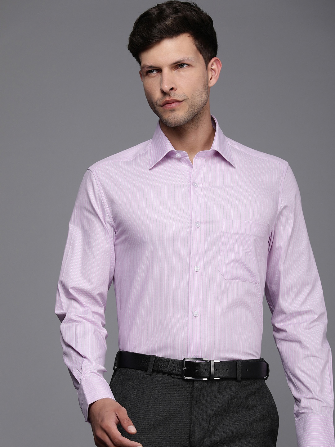 

Louis Philippe Men Twill Classic Opaque Striped Formal Shirt, Mauve