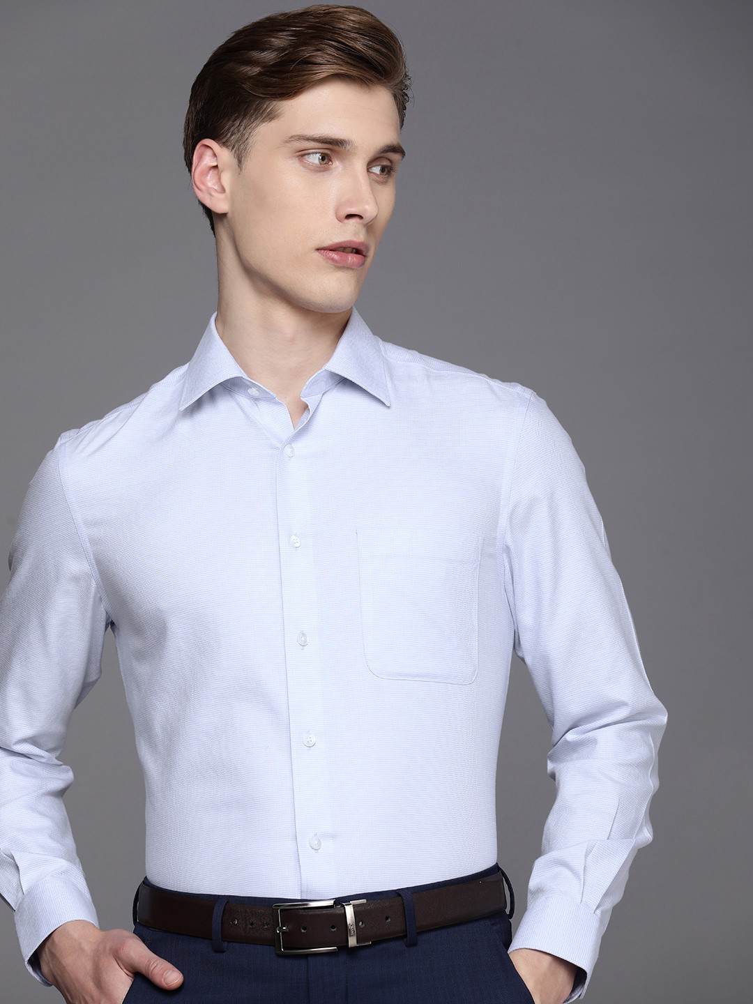 

Louis Philippe Pure Cotton Self Design Textured Classic Opaque Formal Shirt, Blue