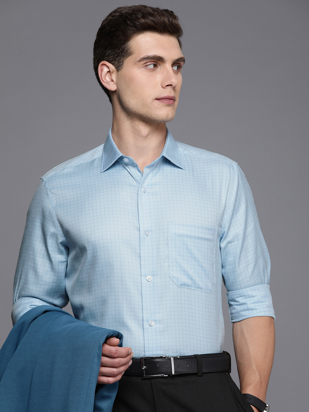 

Louis Philippe Men Pure Cotton Classic Fit Grid Tattersall Checks Opaque Formal Shirt, Blue