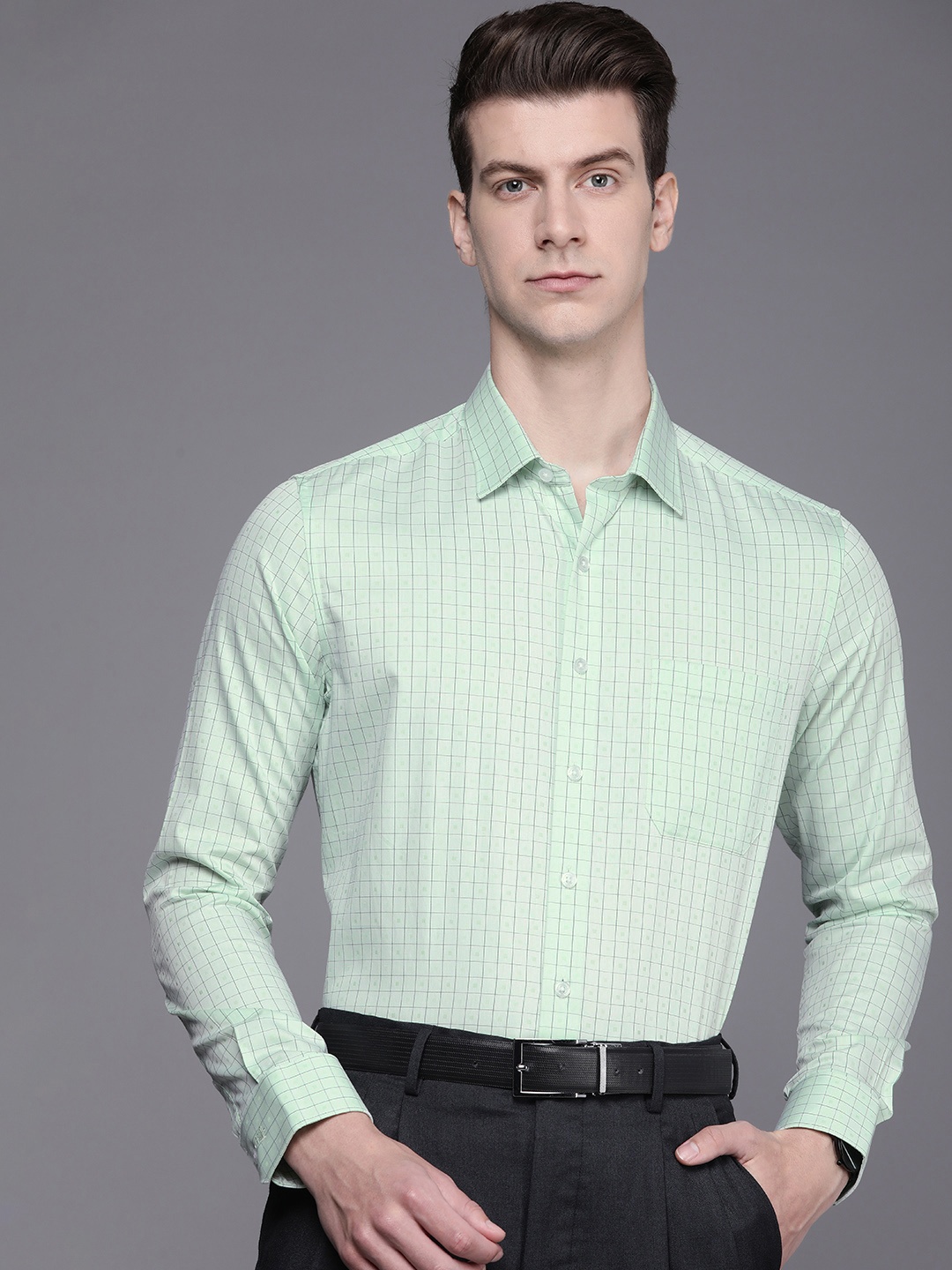 

Louis Philippe Slim Fit Grid Tattersall Checked Pure Cotton Formal Shirt, Green