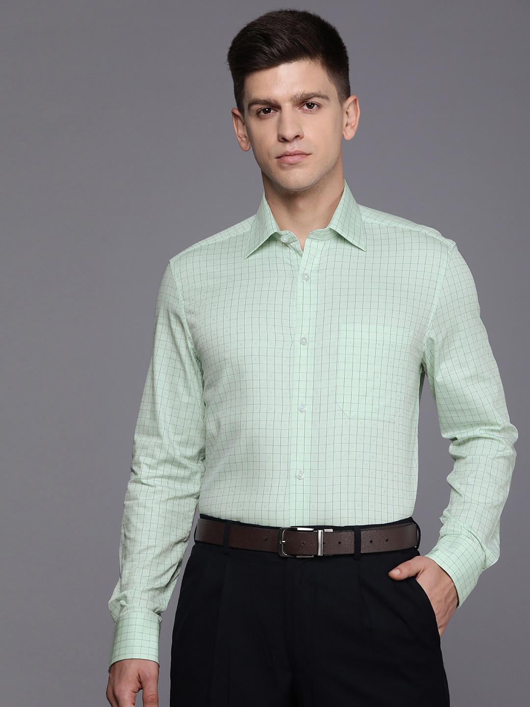 

Louis Philippe Men Pure Cotton Slim Fit Checked Formal Shirt, Green