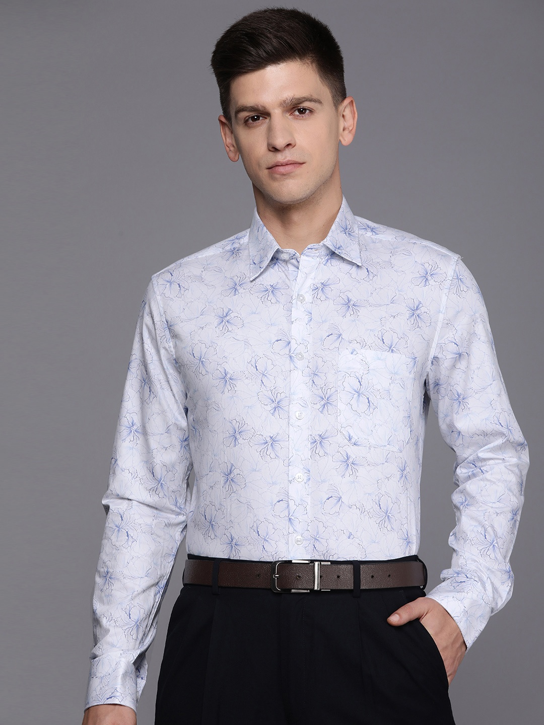 

Louis Philippe Men Pure Cotton Slim Fit Floral Printed Formal Shirt, Blue