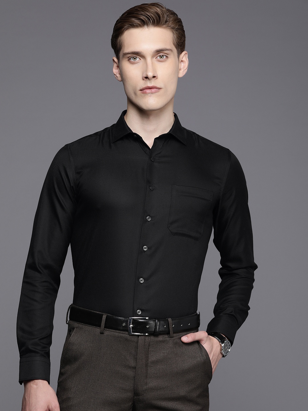 

Louis Philippe Self Design Slim Fit Pure Cotton Formal Shirt, Black