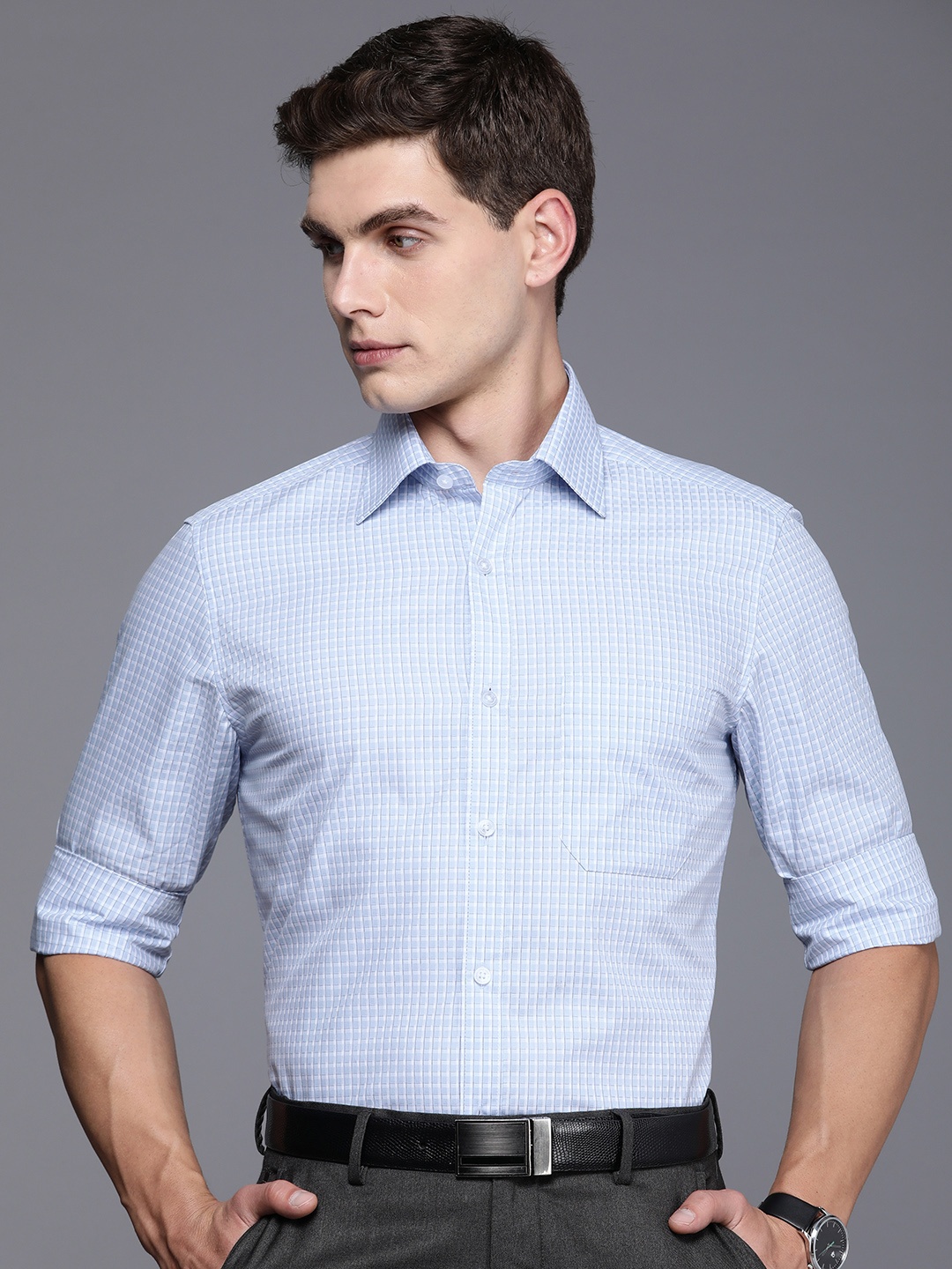 

Louis Philippe Classic Fit Checked Pure Cotton Formal Shirt, Blue