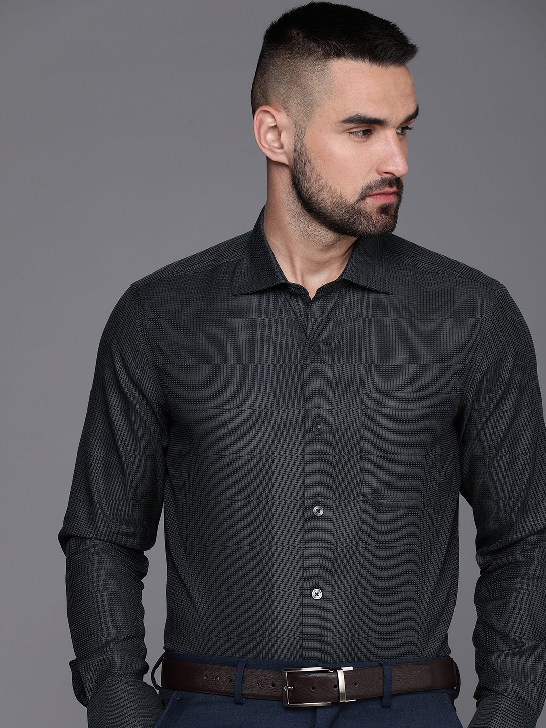 

Louis Philippe Classic Fit Geometric Printed Pure Cotton Formal Shirt, Black