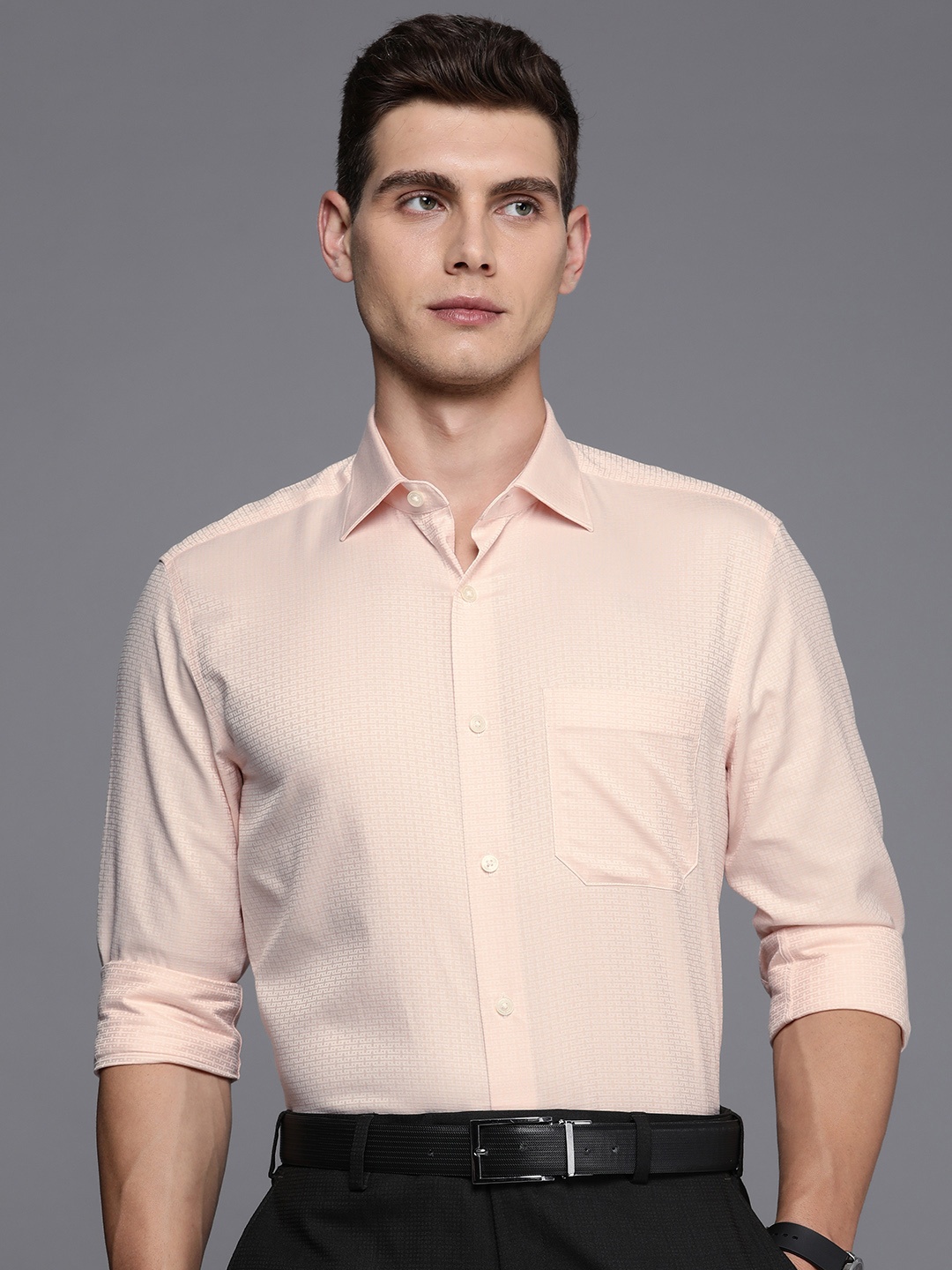 

Louis Philippe Classic Fit Geometric Printed Pure Cotton Formal Shirt, Peach