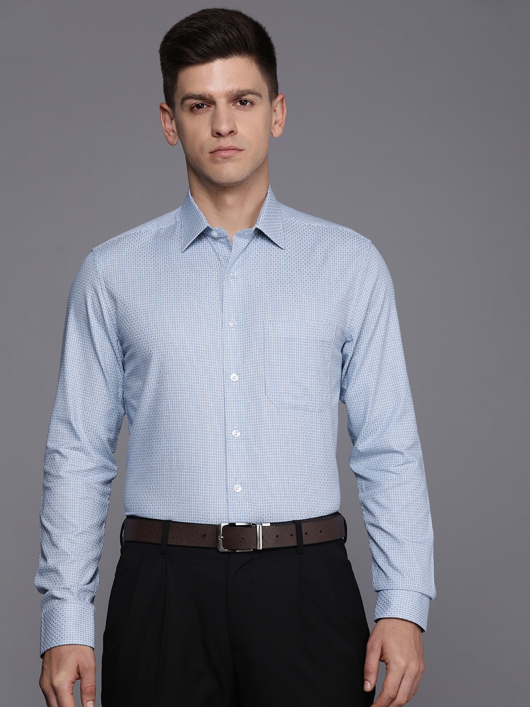 

Louis Philippe Pure Cotton Slim Fit Opaque Checked Formal Shirt, Blue