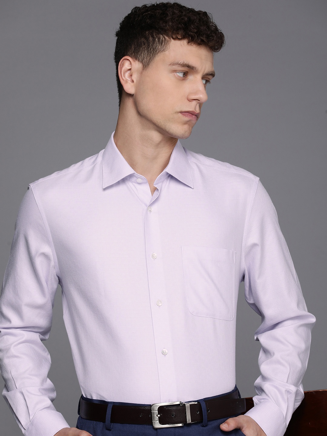 

Louis Philippe Pure Cotton Self Design Textured Classic Opaque Formal Shirt, Lavender