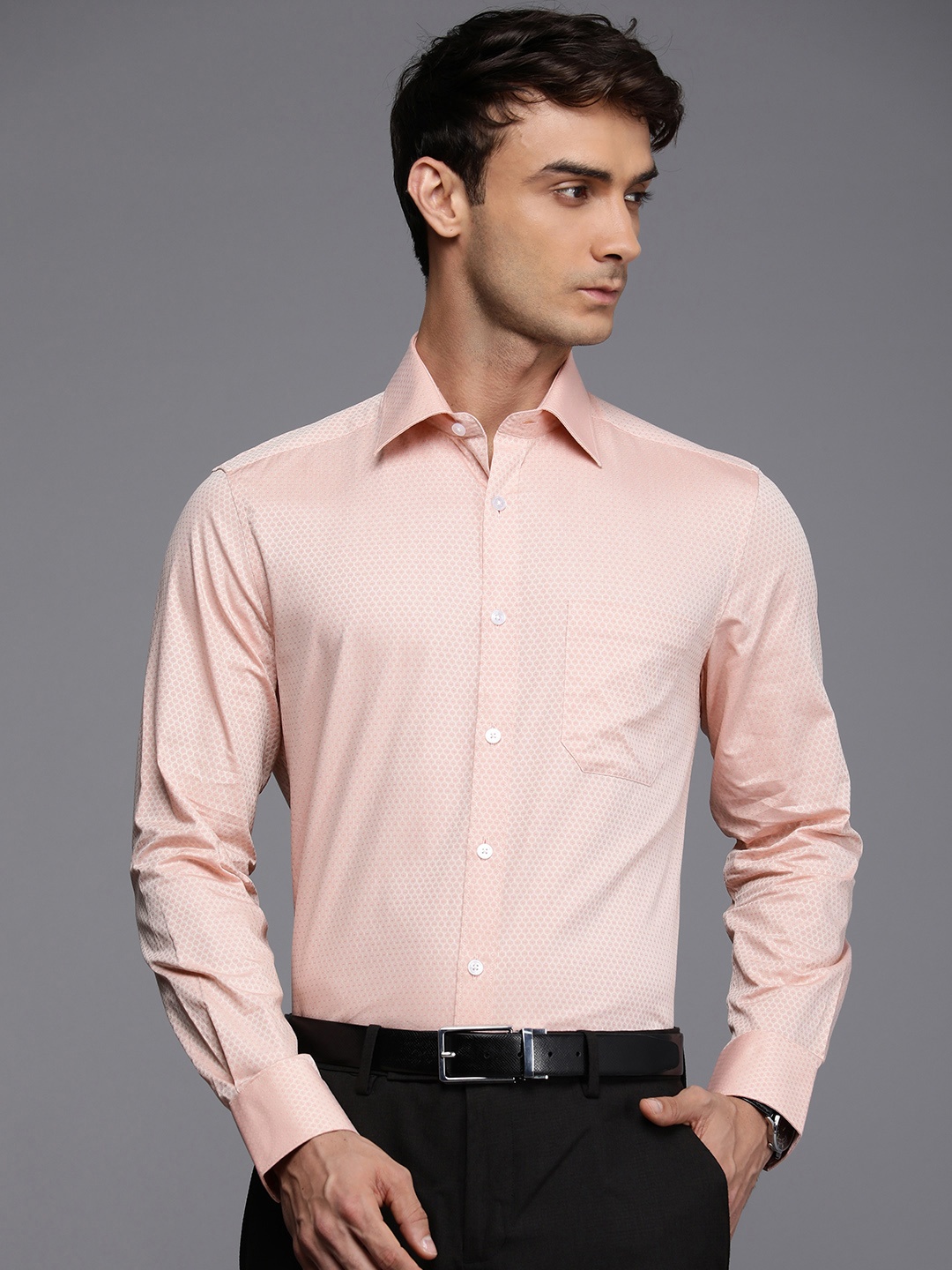 

Louis Philippe Pure Cotton Self Design Textured Classic Opaque Formal Shirt, Pink