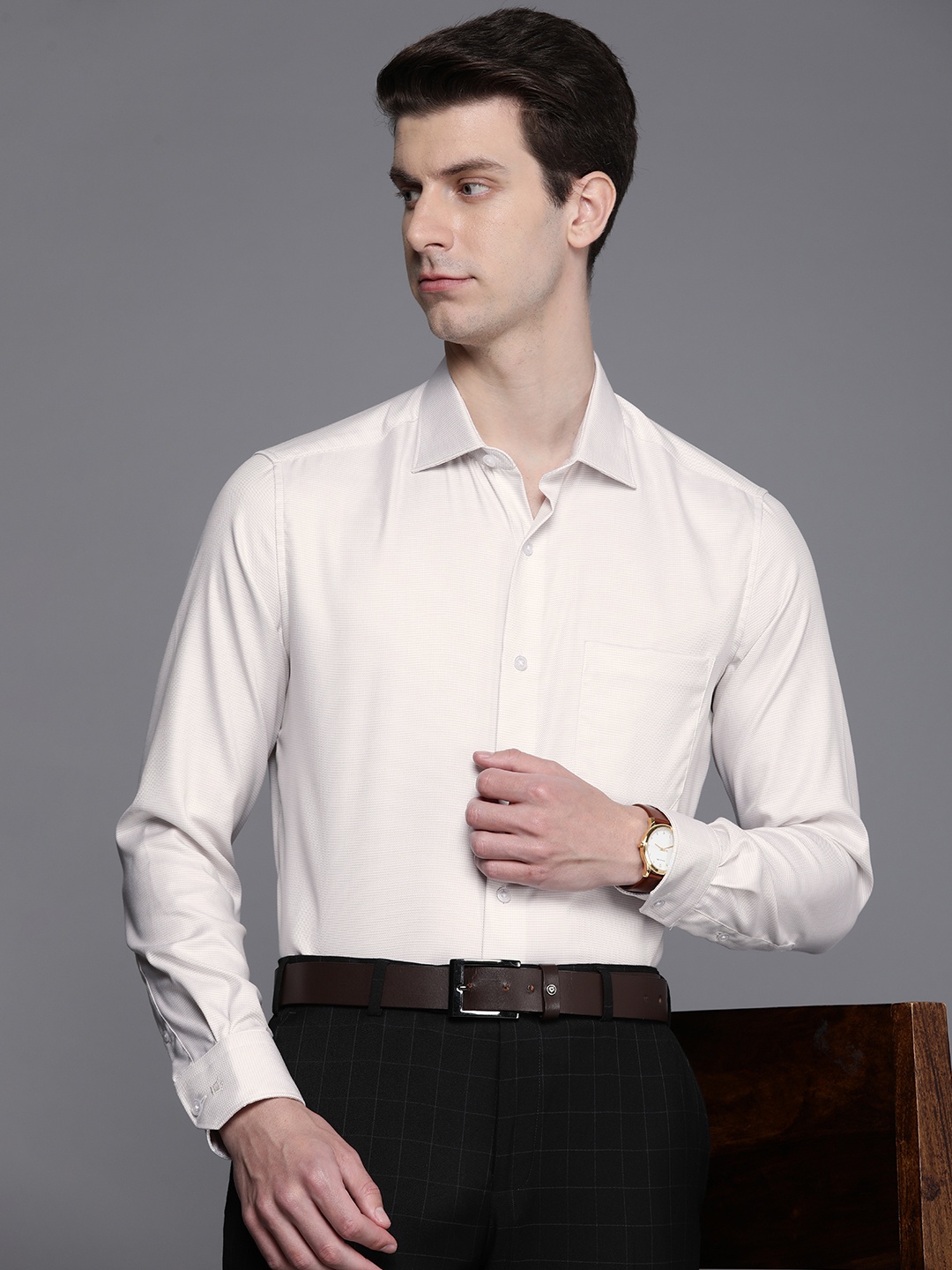 

Louis Philippe Pure Cotton Self Design Classic Fit Textured Formal Shirt, Cream