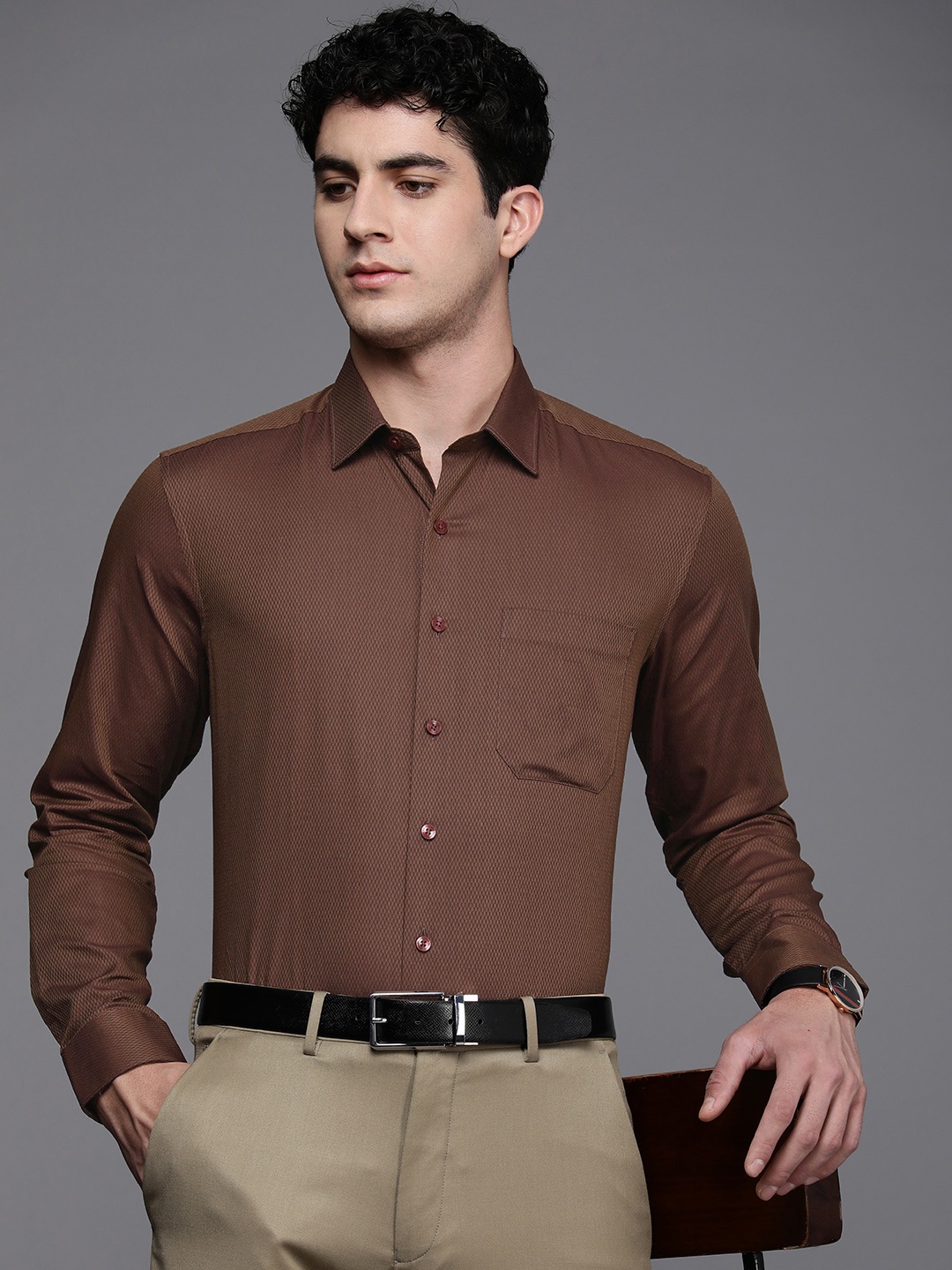 

Louis Philippe Pure Cotton Self Design Textured Slim Fit Opaque Formal Shirt, Brown