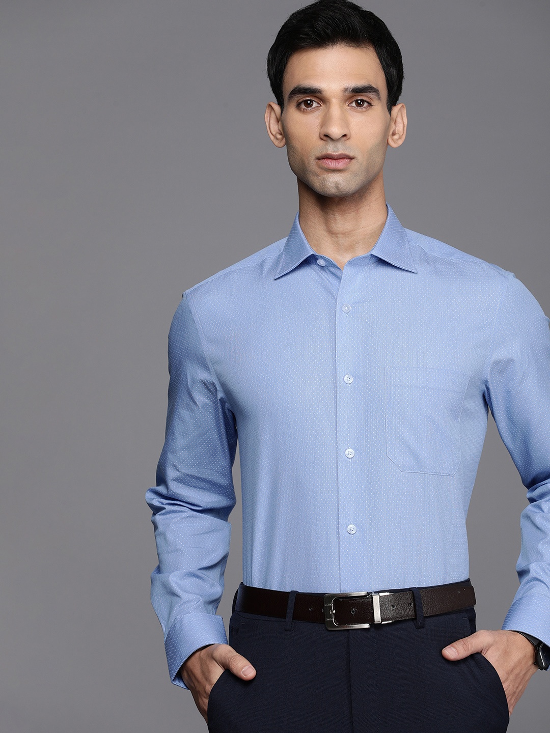 

Louis Philippe Self Design Textured Classic Fit Pure Cotton Formal Shirt, Blue