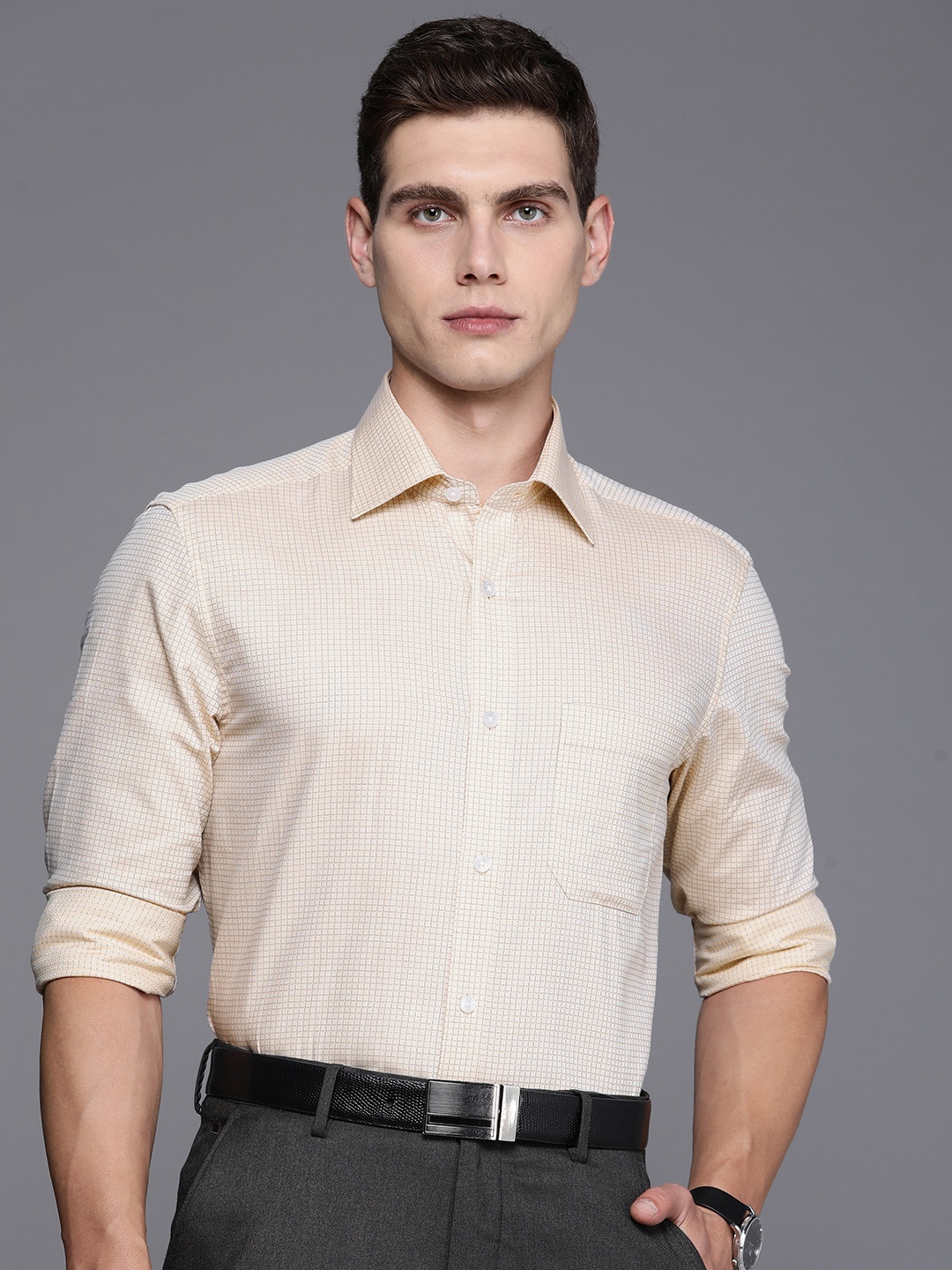 

Louis Philippe Pure Cotton Classic Fit Checked Formal Shirt, Beige