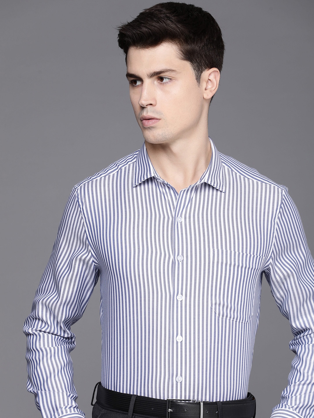 

Louis Philippe Men Slim Fit Opaque Striped Formal Shirt, Blue